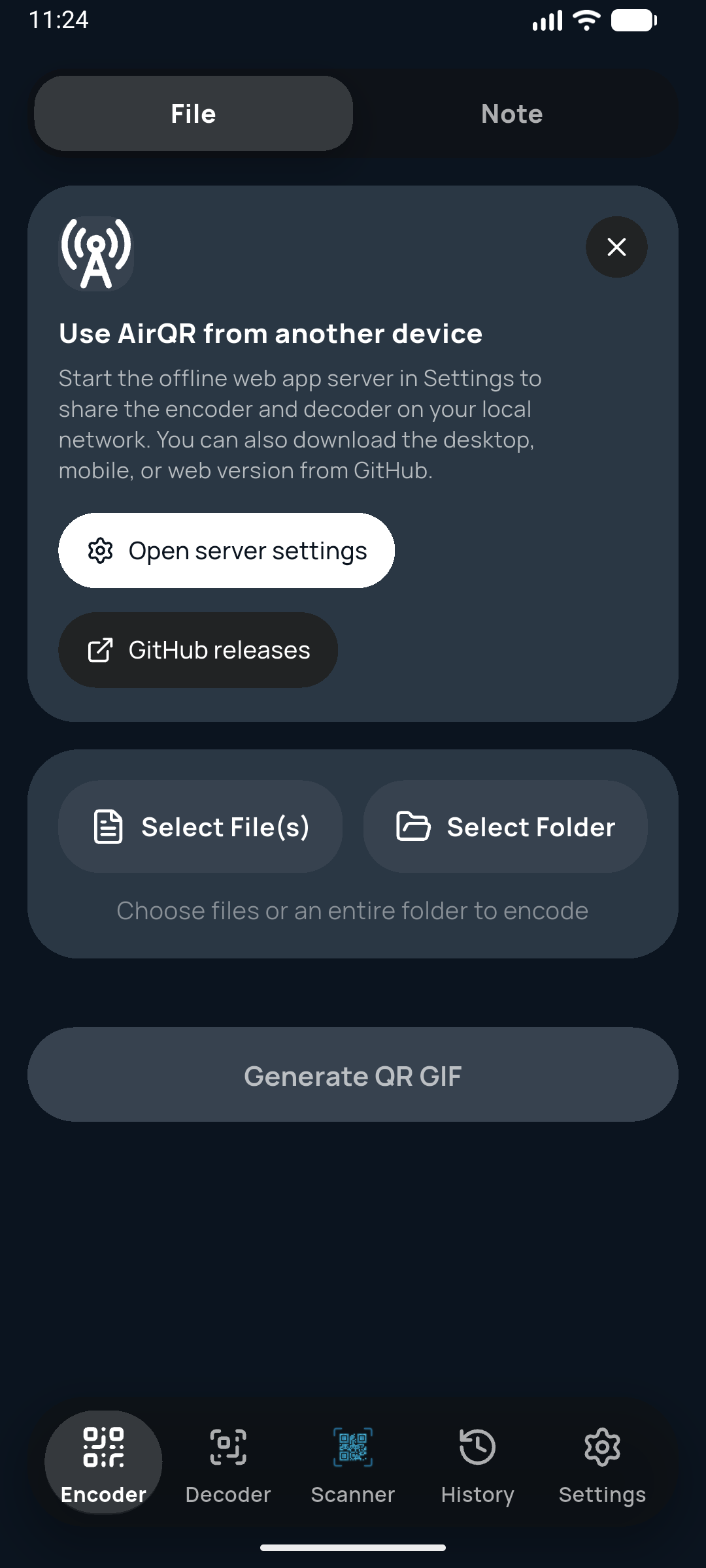 AirQR encoder screen showing a file ready to become an animated QR code